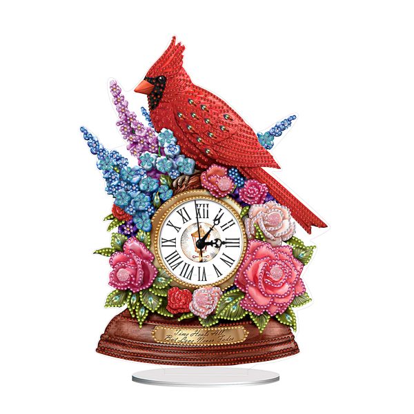 5D DIY Special Shape Diamond Painting Desk Ornament Handmade Clock Kit(Cardinal Bird)